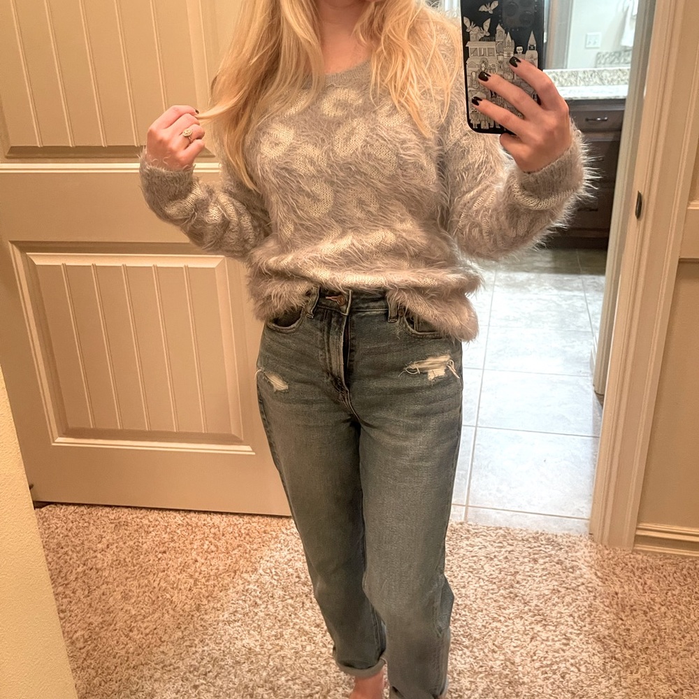 Fuzzy White and Grey Leopard Print Sweater